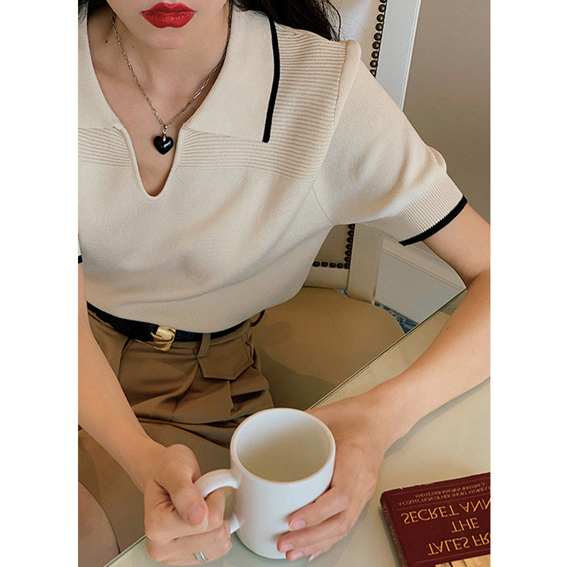 Sophia – T-shirt en Soie de Glace à Col Polo Style Collégial pour Femme
