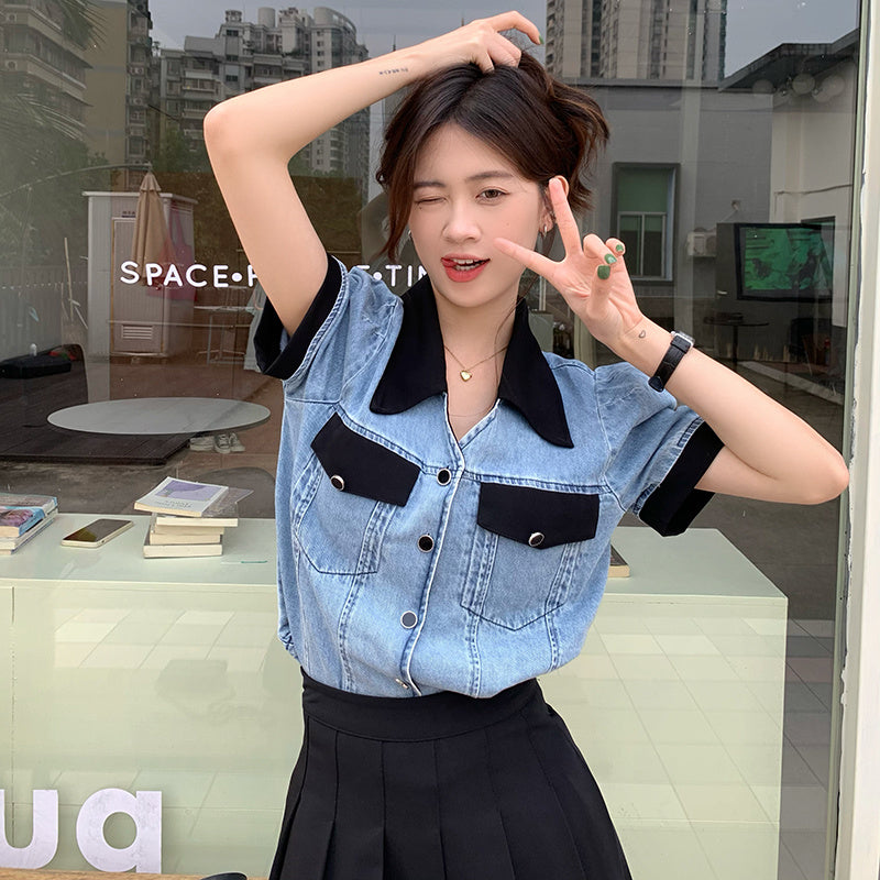 Tracy – Veste Chemise en Jean à Col Polo Contrasté d'Été