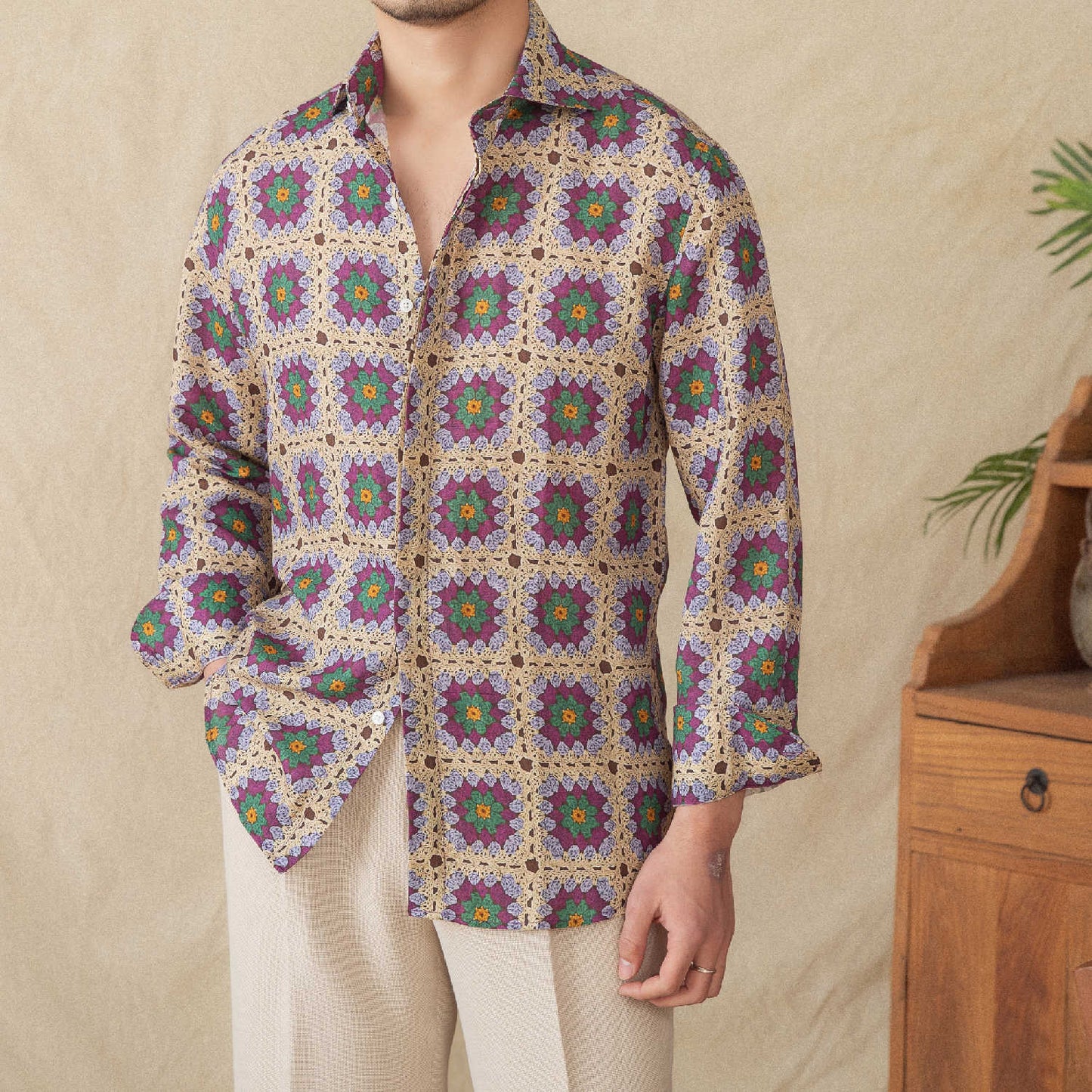 Kieran – Chemise Cardigan Imprimée à Manches Longues