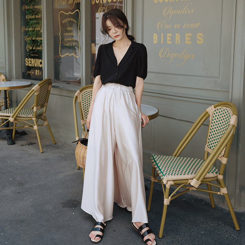 Kate – Pantalon Jupe Drapé Évasé en Satin à Taille Haute