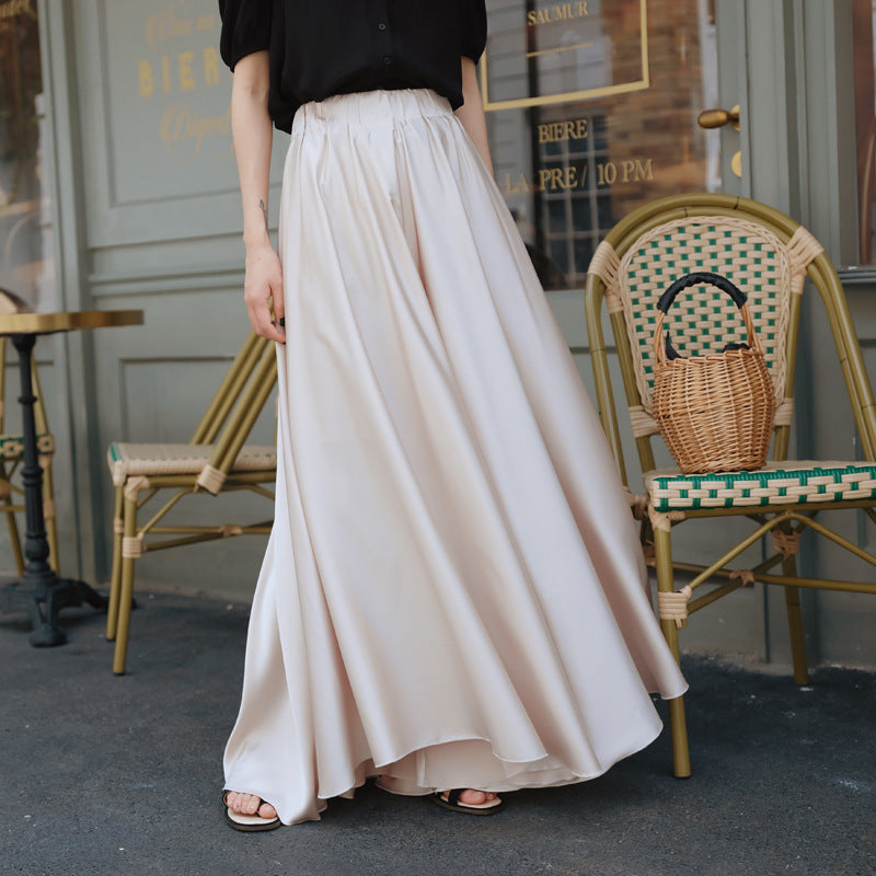 Kate – Pantalon Jupe Drapé Évasé en Satin à Taille Haute