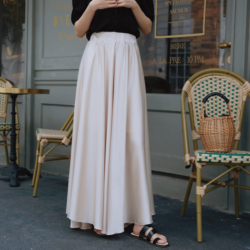 Kate – Pantalon Jupe Drapé Évasé en Satin à Taille Haute