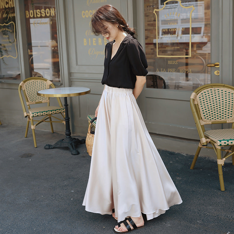Kate – Pantalon Jupe Drapé Évasé en Satin à Taille Haute