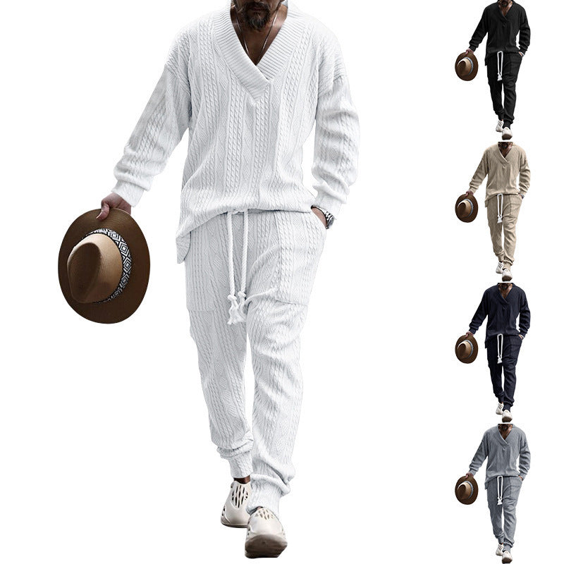 Richard – Ensemble Pull Jacquard à Col V et Pantalons Décontractés
