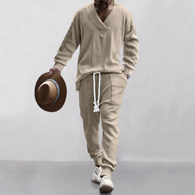 Richard – Ensemble Pull Jacquard à Col V et Pantalons Décontractés