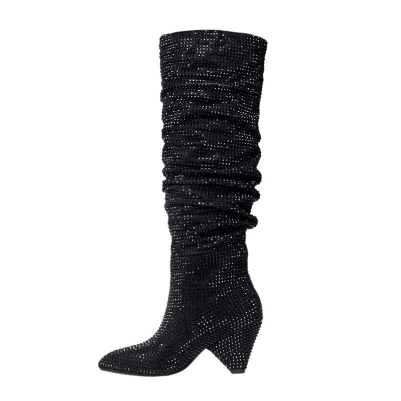 Lisa – Bottes Hautes Mode à Talon Évasé et Strass Argentés