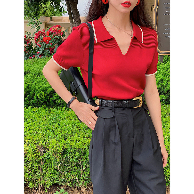 Sophia – T-shirt en Soie de Glace à Col Polo Style Collégial pour Femme