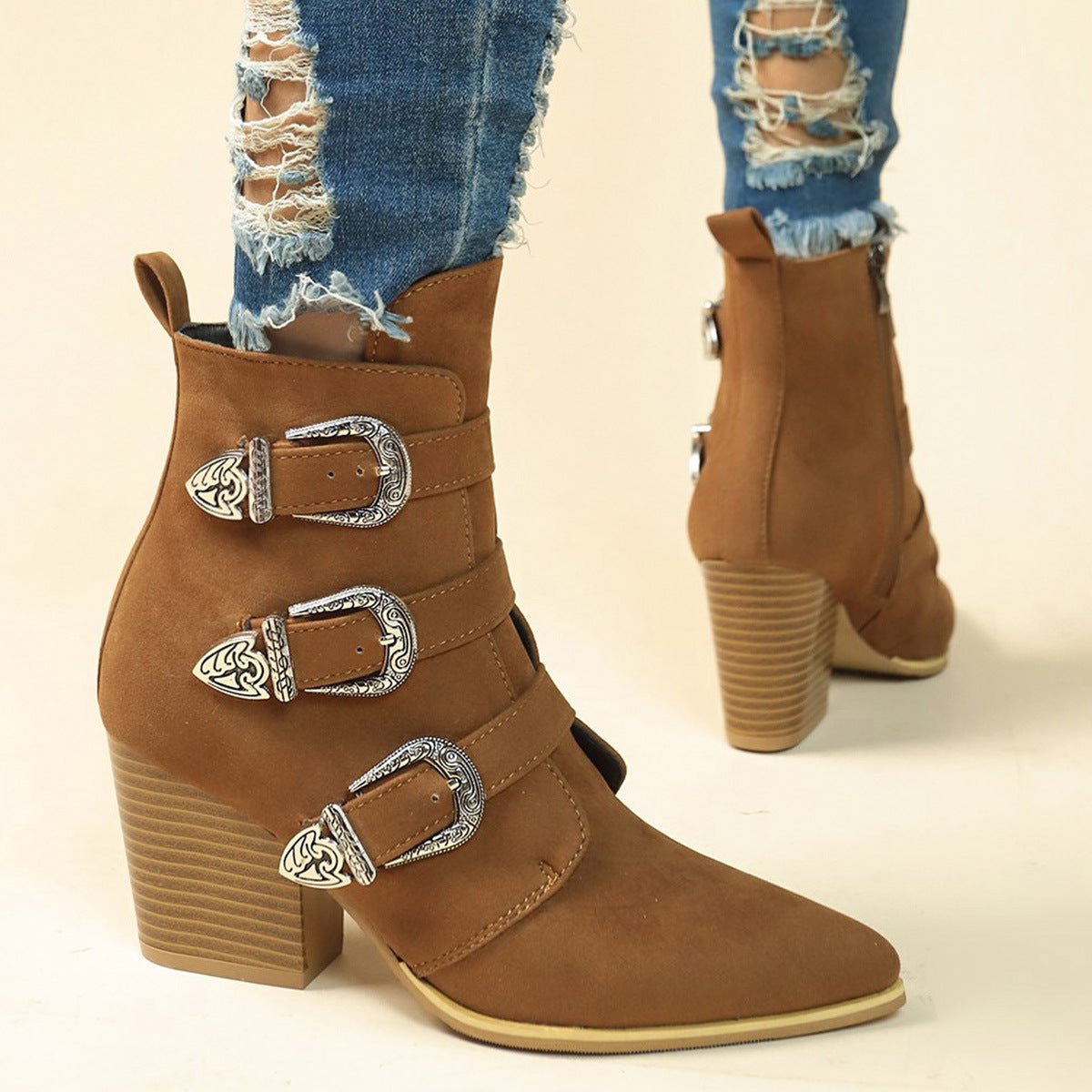 Anne – Bottes mi-mollet rétro à talon épais avec boucle de ceinture