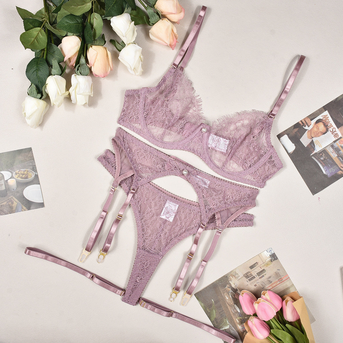 Hannah – Ensemble de lingerie sexy en dentelle transparente avec perles