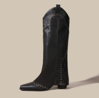 Joan – Bottes Hautes Rétro à Découpe en V avec Rivets