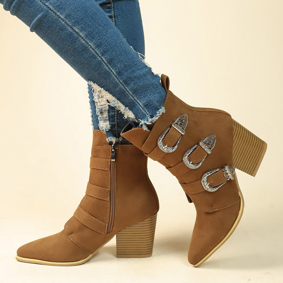 Anne – Bottes mi-mollet rétro à talon épais avec boucle de ceinture
