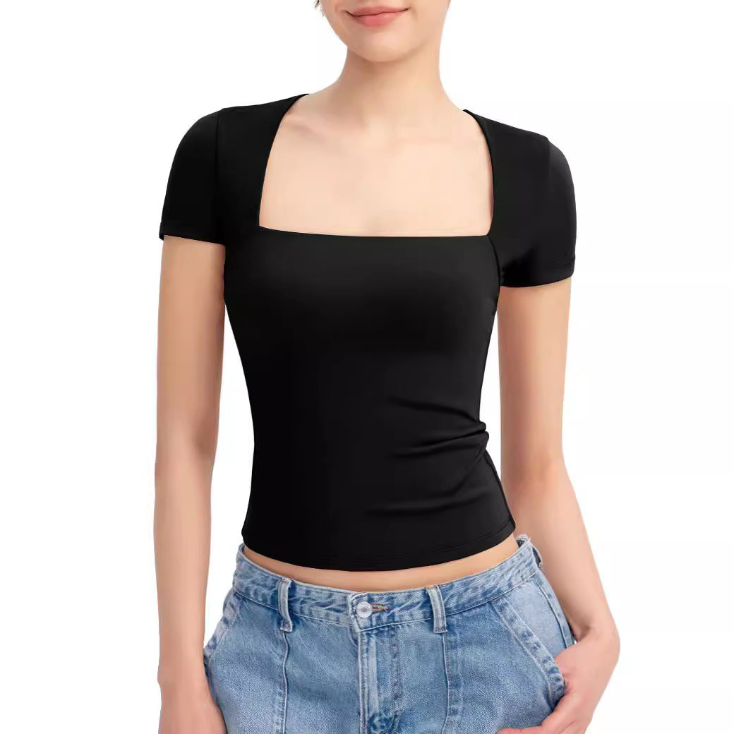 Robyn – T-shirt Femme à Col Carré et Manches Courtes