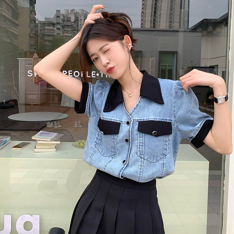 Tracy – Veste Chemise en Jean à Col Polo Contrasté d'Été