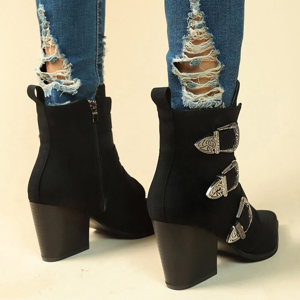 Anne – Bottes mi-mollet rétro à talon épais avec boucle de ceinture