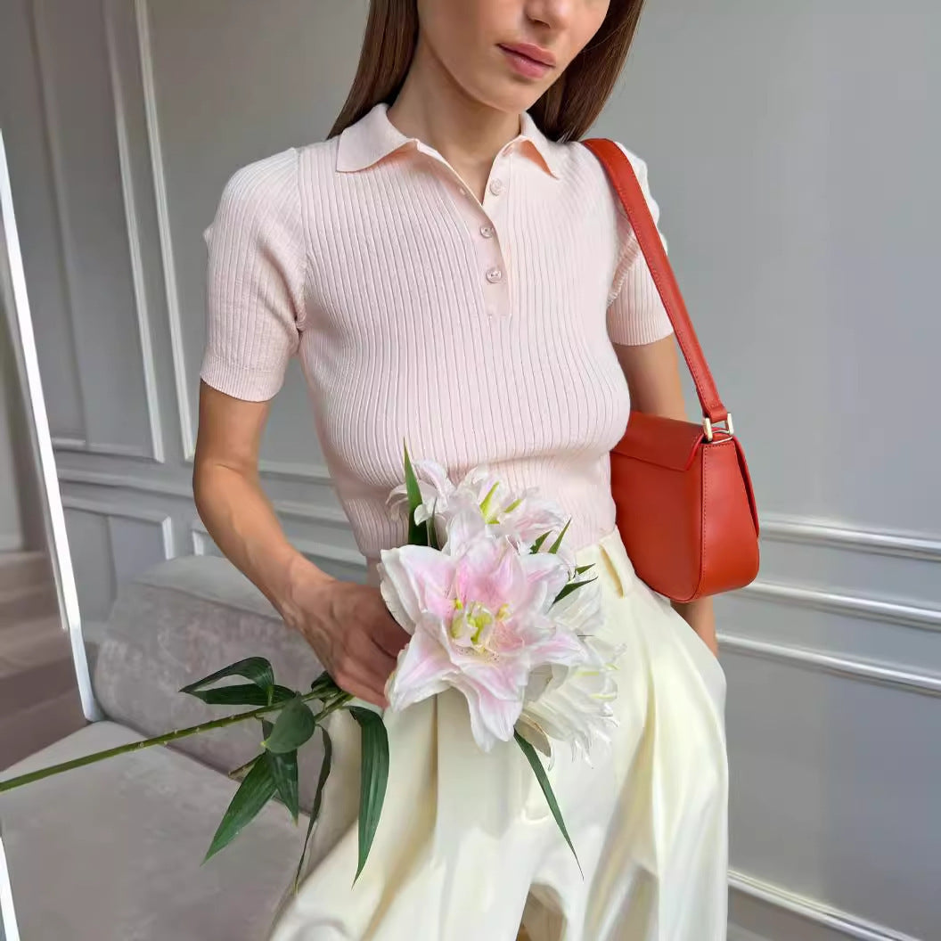 Barbara – Pull Col Polo Ajusté à Manches Courtes