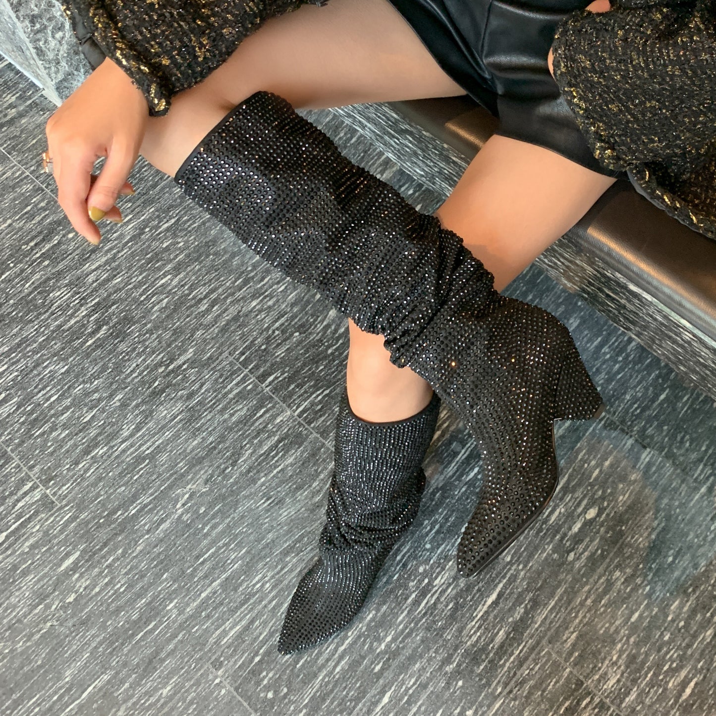 Lisa – Bottes Hautes Mode à Talon Évasé et Strass Argentés