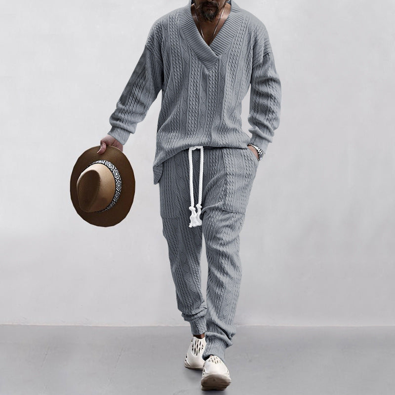 Richard – Ensemble Pull Jacquard à Col V et Pantalons Décontractés