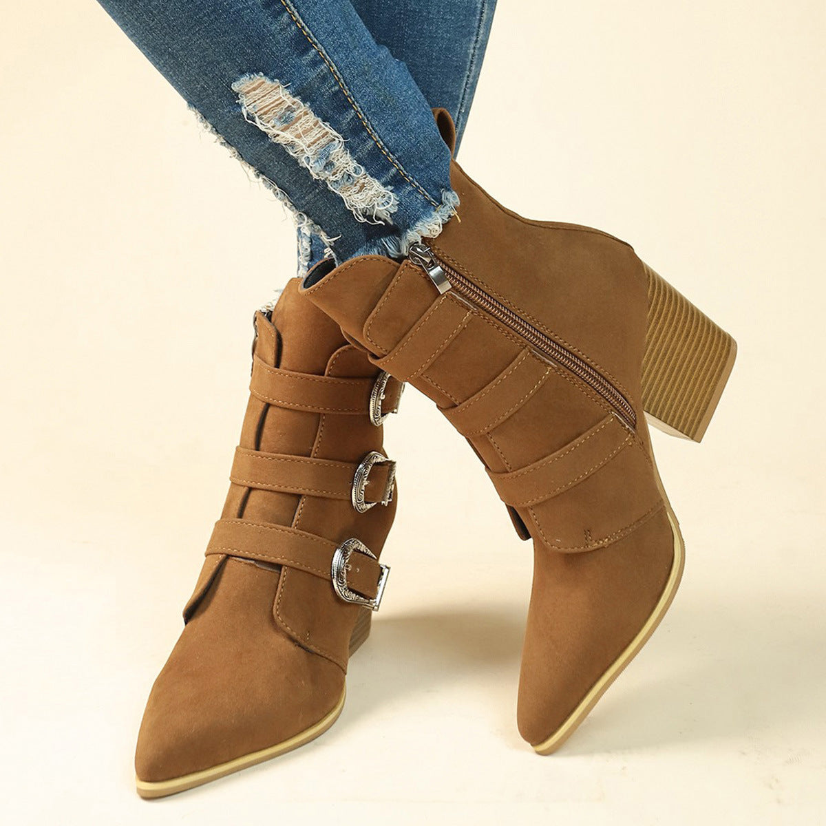 Anne – Bottes mi-mollet rétro à talon épais avec boucle de ceinture