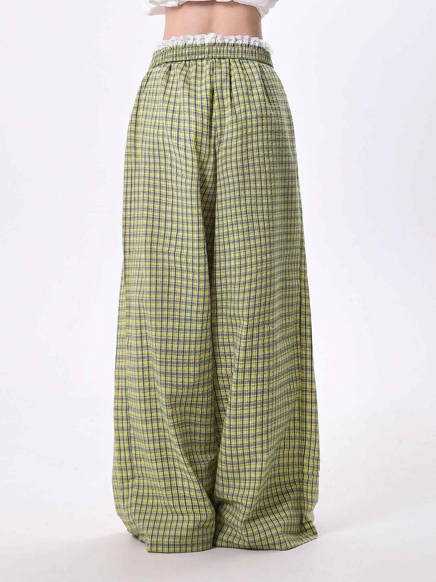 Christine – Pantalon Large en Tissu Écossais avec Dentelle