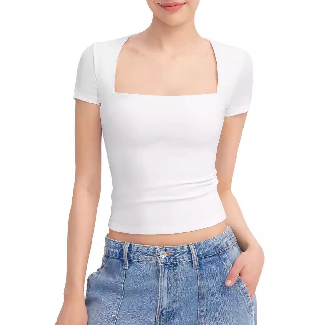 Robyn – T-shirt Femme à Col Carré et Manches Courtes