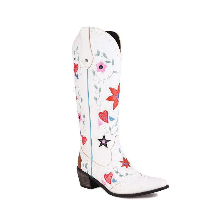 Angela – Bottes à Talons Chunky avec Rivets et Broderie