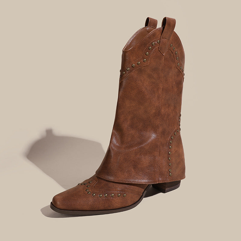 Joan – Bottes Hautes Rétro à Découpe en V avec Rivets
