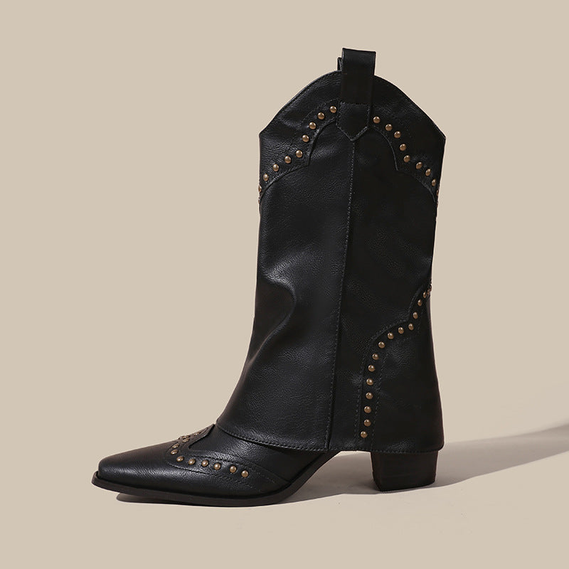 Joan – Bottes Hautes Rétro à Découpe en V avec Rivets