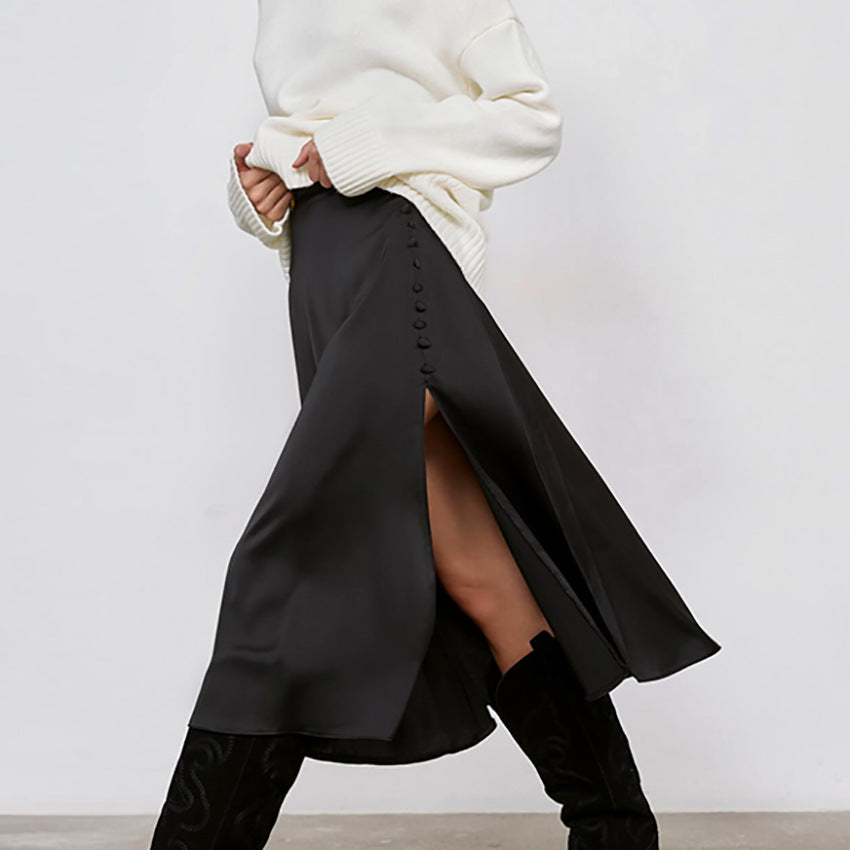 Marie – Jupe Fendue Taille Haute en Satin Noir