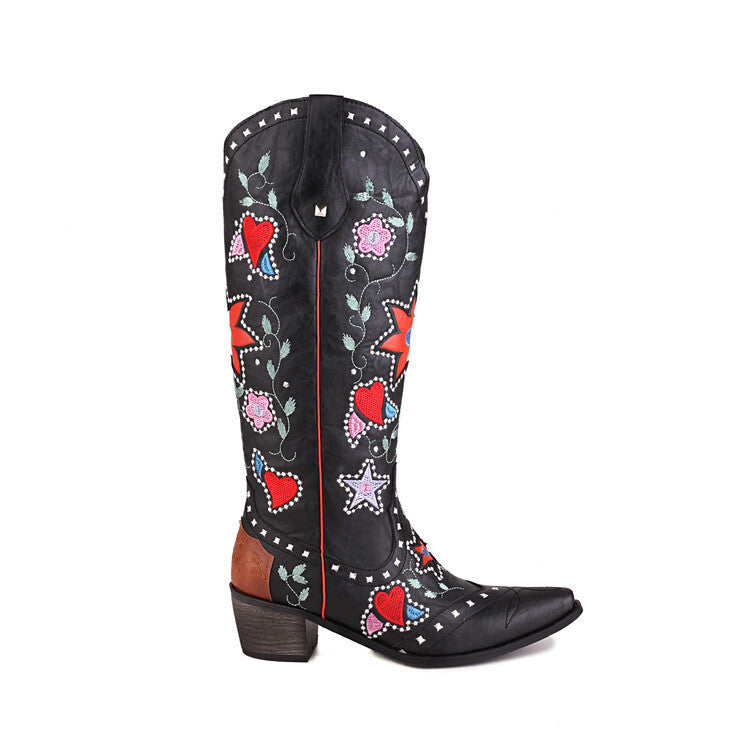 Angela – Bottes à Talons Chunky avec Rivets et Broderie