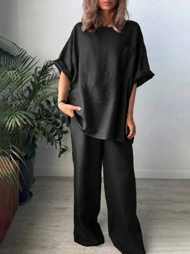 Lynda – Ensemble Décontracté Uni à Manches Courtes et Pantalon Long