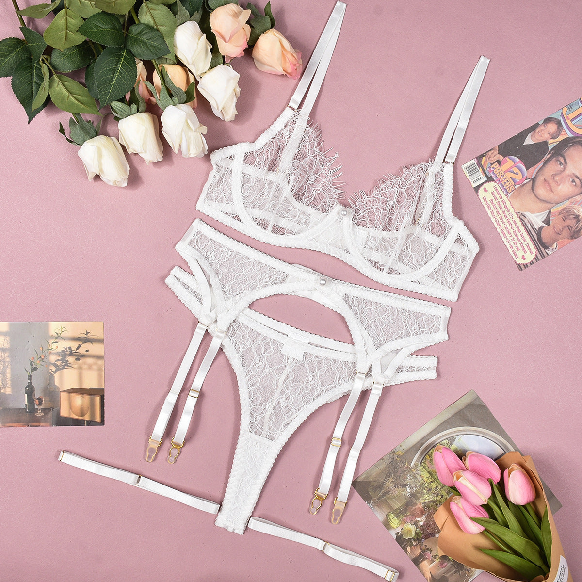 Hannah – Ensemble de lingerie sexy en dentelle transparente avec perles