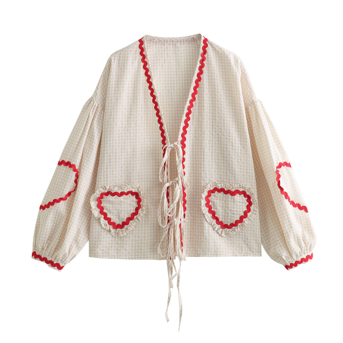 Rachel – Chemise à Carreaux Col V avec Poche Cœur Manches Longues