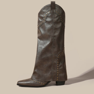 Joan – Bottes Hautes Rétro à Découpe en V avec Rivets