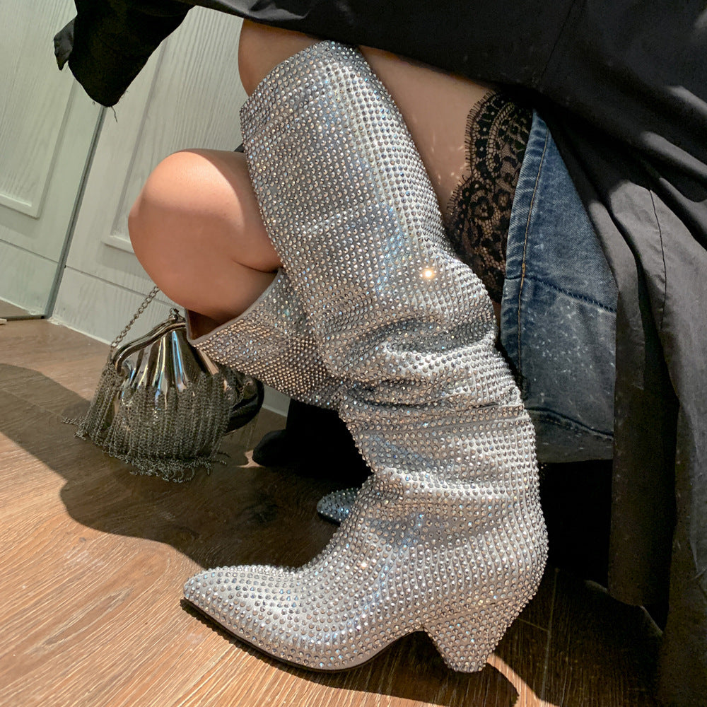 Lisa – Bottes Hautes Mode à Talon Évasé et Strass Argentés