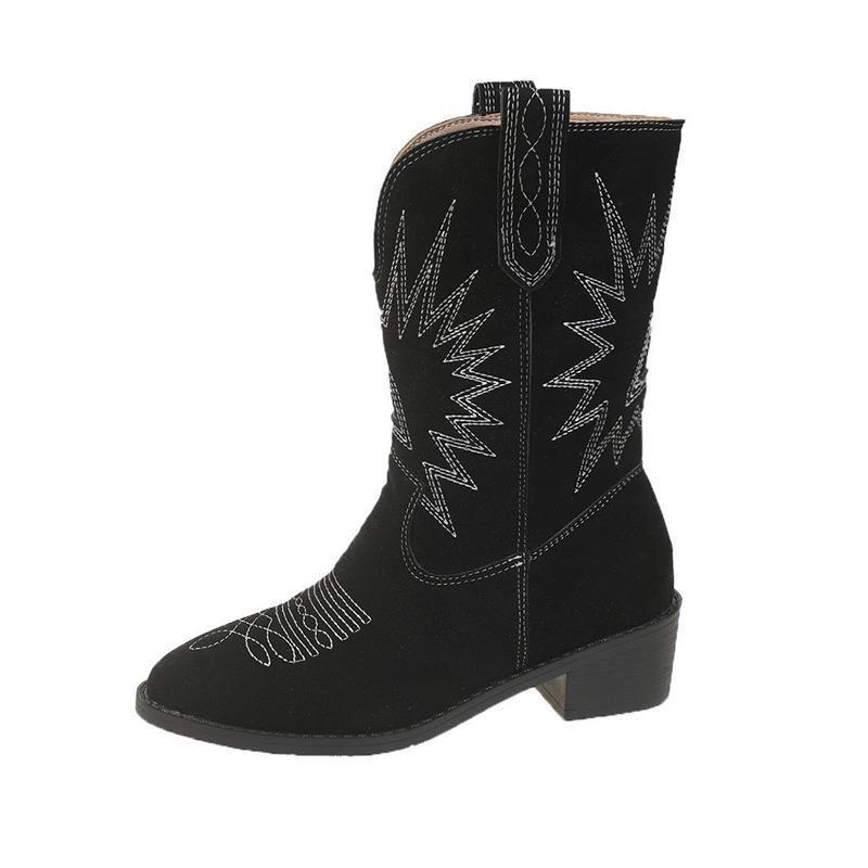 Jean – Bottes Longues Rétro à Talons Chunky et Embroidered