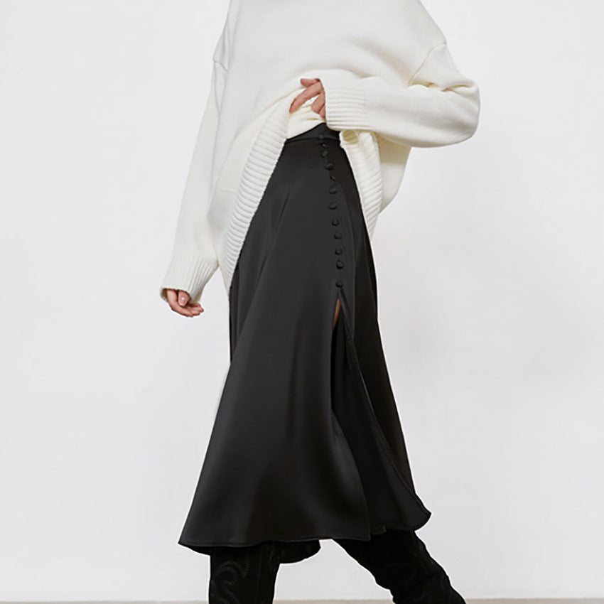 Marie – Jupe Fendue Taille Haute en Satin Noir
