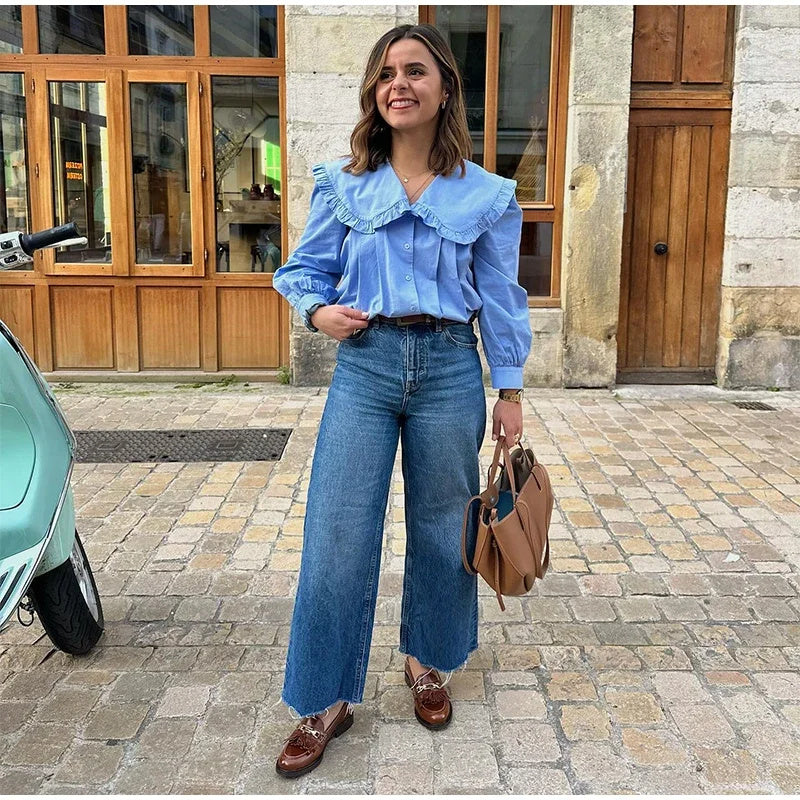 Jennifer – Chemise Décontractée à Col Claudine et Manches Longues