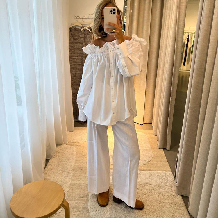 Melanie – Ensemble Cardigan Épaules Dénudées et Pantalon Large