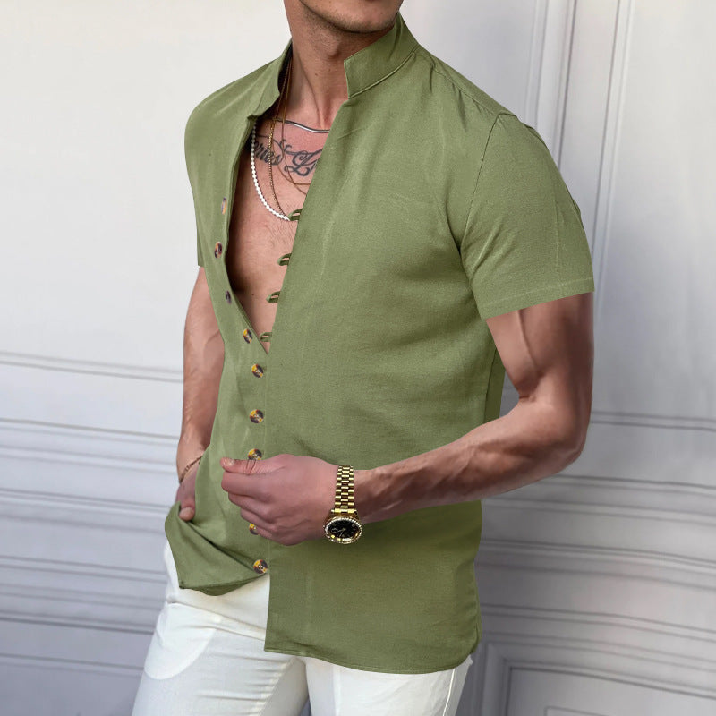 Perry – Chemise en Lin à Manches Courtes avec Col Montant
