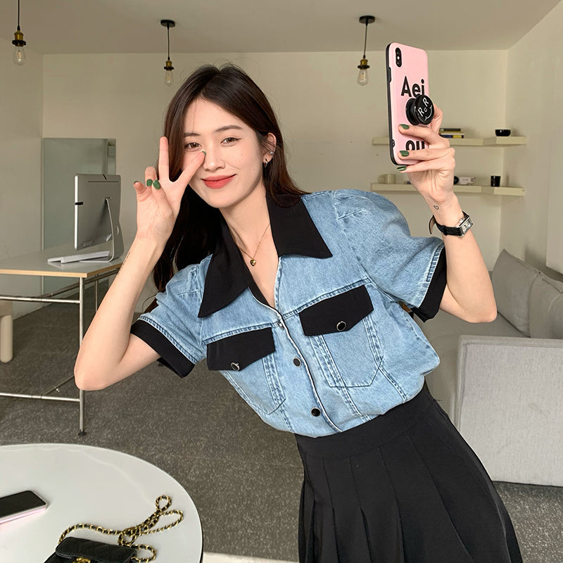Tracy – Veste Chemise en Jean à Col Polo Contrasté d'Été