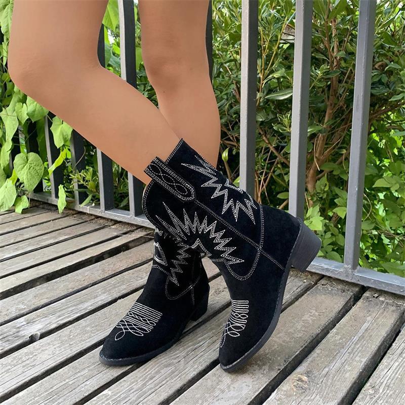 Jean – Bottes Longues Rétro à Talons Chunky et Embroidered