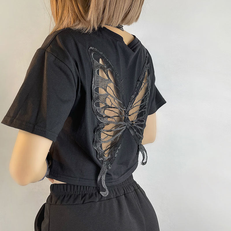 Miranda – T-shirt Court Papillon en Dentelle Noire