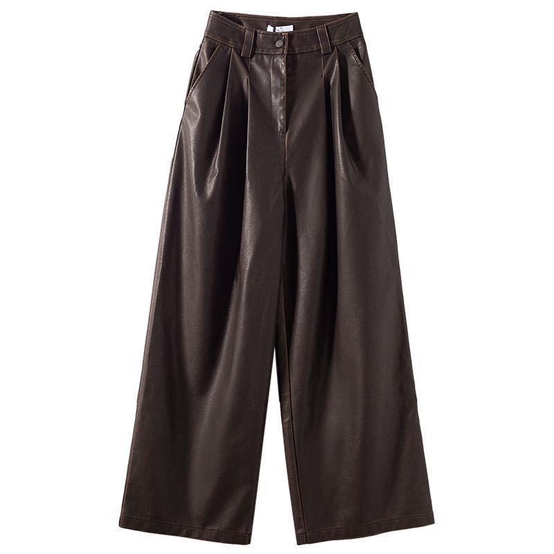 Lynda – Pantalon Plissé en Cuir Vegan Marron Vintage