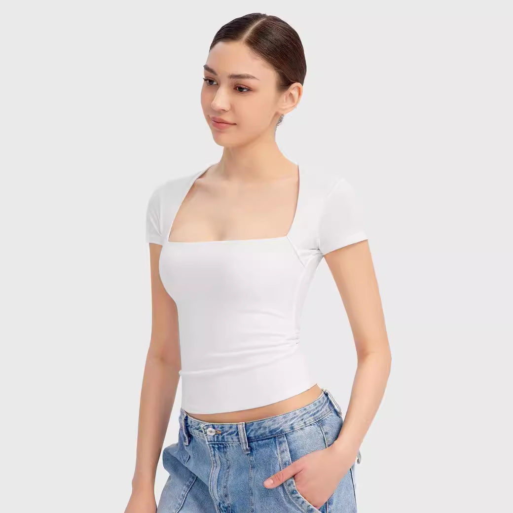 Robyn – T-shirt Femme à Col Carré et Manches Courtes