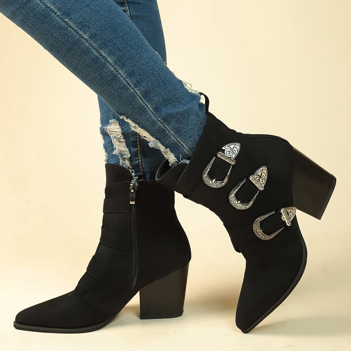 Anne – Bottes mi-mollet rétro à talon épais avec boucle de ceinture