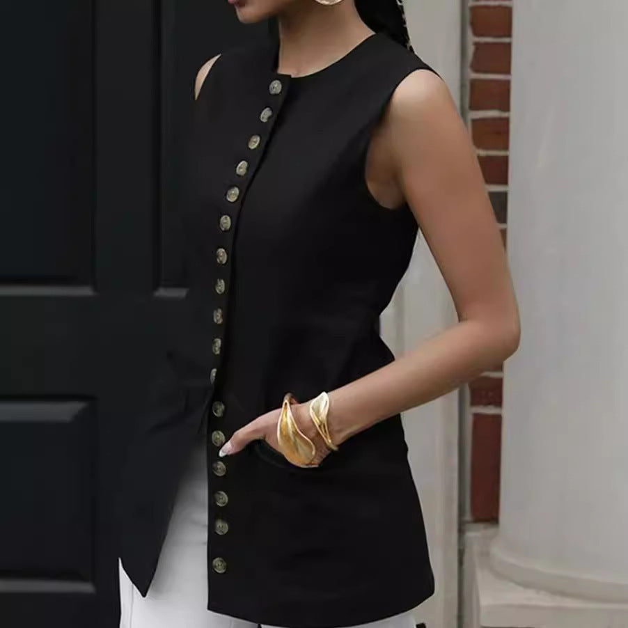 Donna – Veste à col rond sans manches avec boutons
