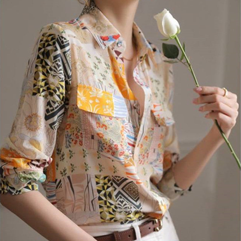 Margaret – Chemise en Soie de Mûrier à Manches Longues et Motif Floral