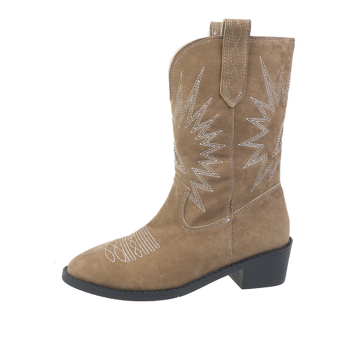 Jean – Bottes Longues Rétro à Talons Chunky et Embroidered