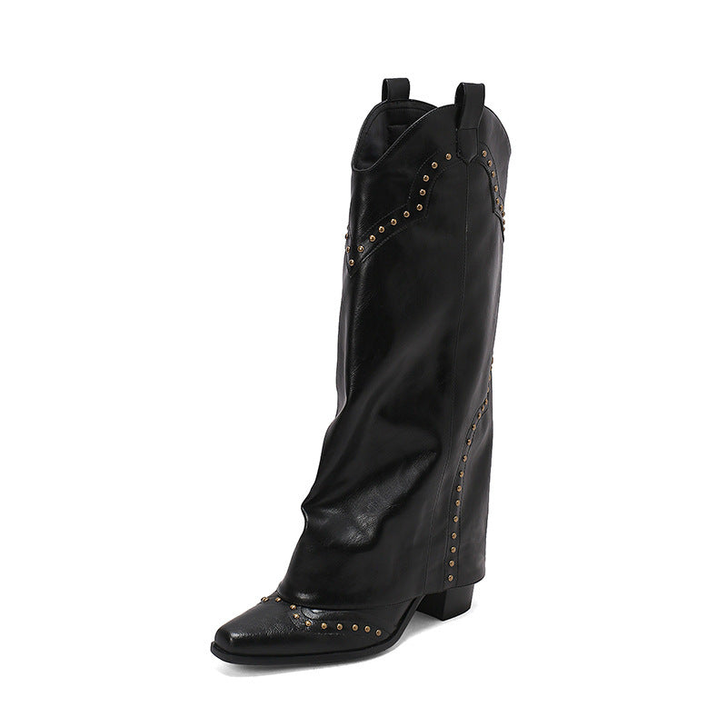 Joan – Bottes Hautes Rétro à Découpe en V avec Rivets