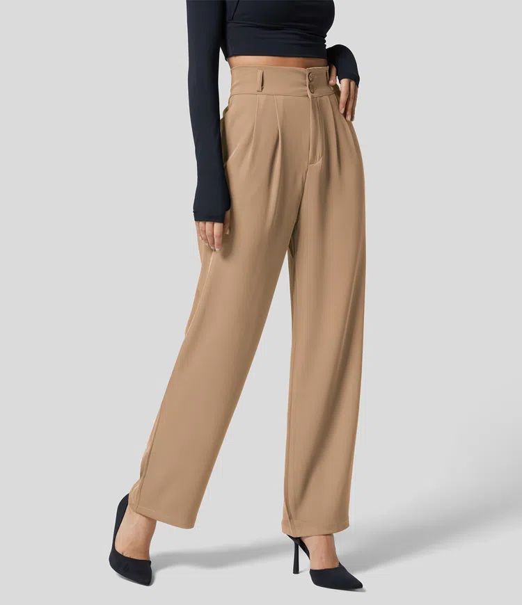 Megan – Pantalon en Soie Cool à Taille Haute avec Boutons